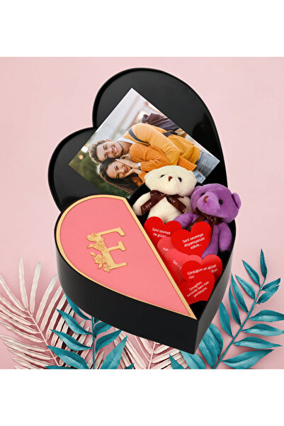 GİFTSTİME Kişiye Özel Aynalı Pleksi Baş Harf Tasarımlı Kalp Kutu Ve İkili Pel...
