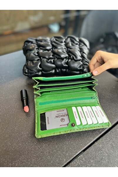 DERKON Portofel de damă din piele naturală verde cu model de crocodil