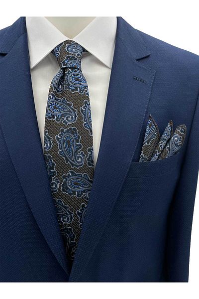 Brianze Brown Blue Shawl Pattern Tie Handkerchief Set