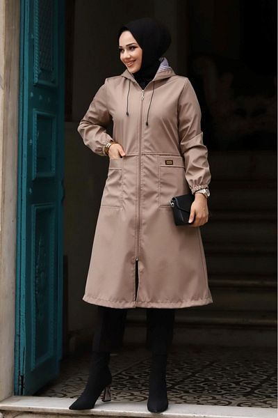 PİNK FLY Γυναικεία καμπαρντίνα Hijab με κουκούλα και τσέπες με ριγέ σχέδιο