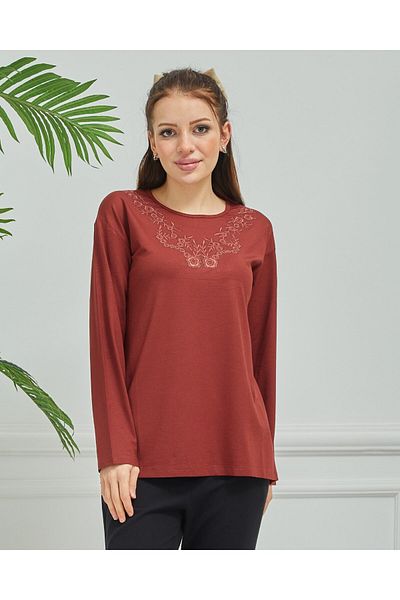 Fresh&Moda Women's Embroidered Mother Daily Middle Age Combed Cotton Blouse