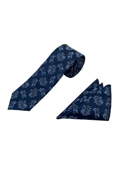 Brianze Navy Blue Motif Pattern Necktie Handkerchief Set
