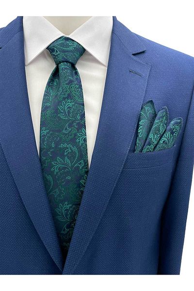 Brianze Navy Blue Green Motif Pattern Tie Handkerchief Set