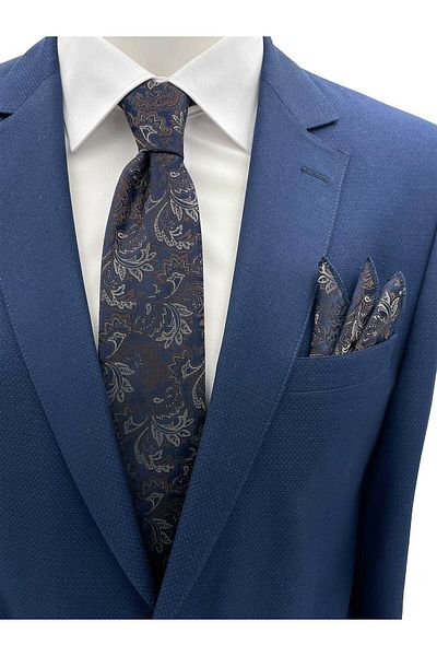 Brianze Navy Blue Brown Beige Motif Pattern Tie Handkerchief Set