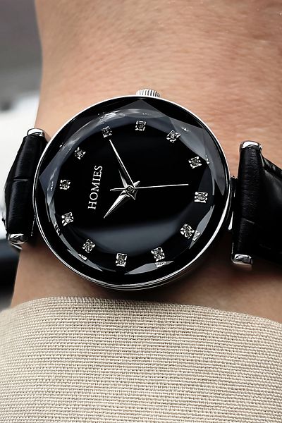 Homies Women's Wristwatch 3 Atm Waterproof Black Color Leather Cord + Bracelet Gift HMBY2026C2