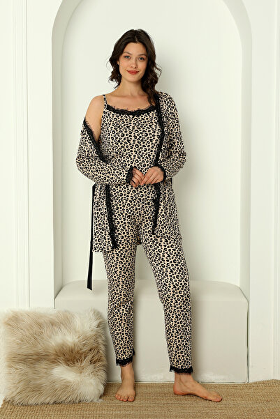 nisaNCa Дамски пижамен комплект от 3 части с халат и кутия за зестра - Дантелена дамска пижама с кутия - голям размер