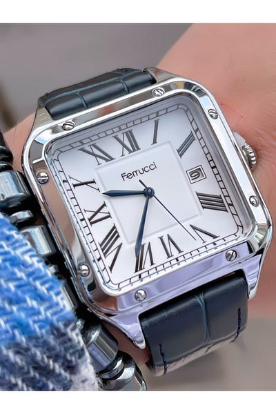 Ferrucci FERRUCCİ SQUARE MODEL CALENDAR LEATHER CORD MEN'S WRISTWATCH + BRACELET GIFT