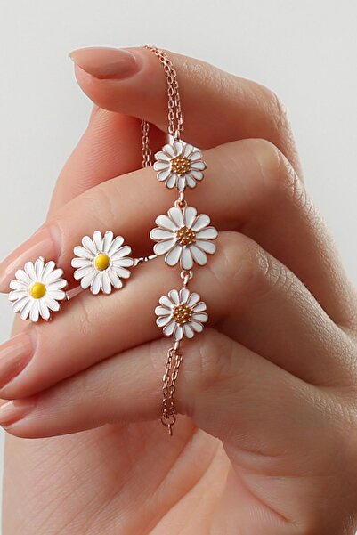 Silvano Jewelry 925 Ayar Gümüş Papatya Bileklik Küpe Set