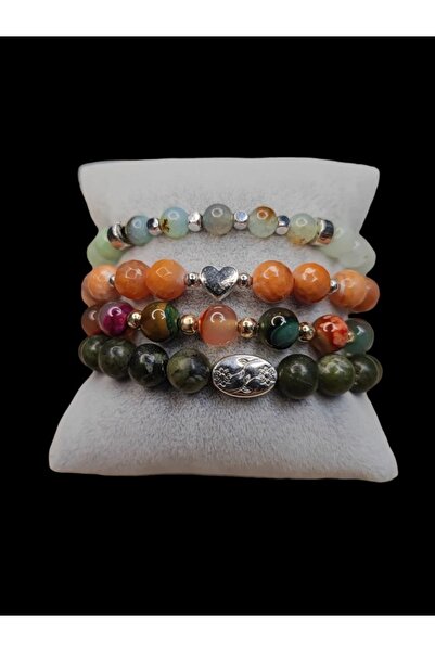 VAYE TİCARET Yeşim ve Akik Taşından 4'lü Doğal Taş Bileklik
