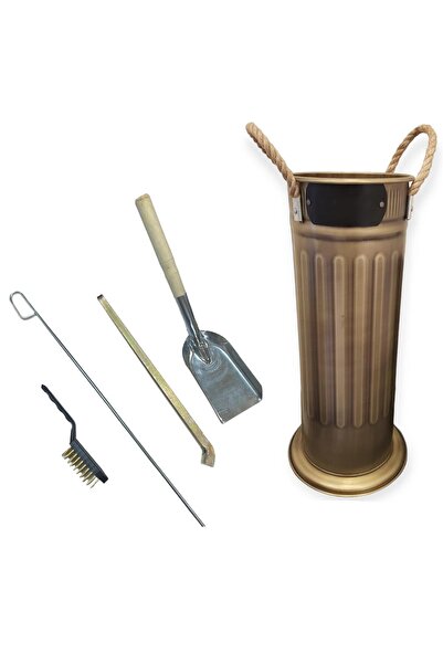 Essen Ticaret Gold Yuvarlak Odun Kovası ve 4'lü Şömine Seti Maşa, Fırça, Kürek, Karıştırma Demiri