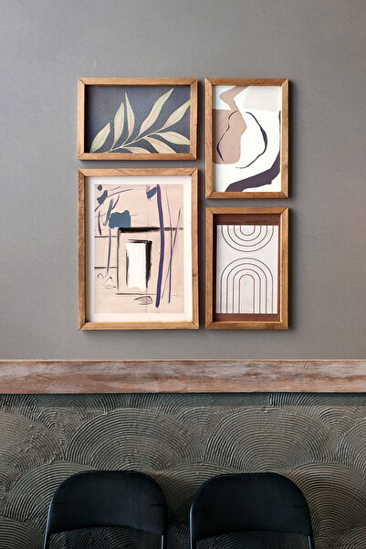 Wooden Factory Bohem Design, Sanatsal Duvar Dekoru, 4 Lü Antre Ahşap Çerçeveli Tablo Seti