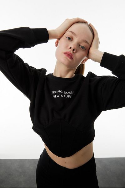 Mood Lab Crop Slogan Printed Sweatshirt with Waist Corset Detail