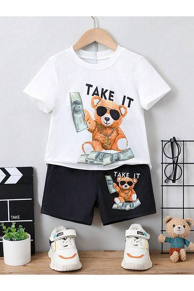 AMMA Children's Teddy Bear Printed T-shirt Shorts Top and Bottom Set
