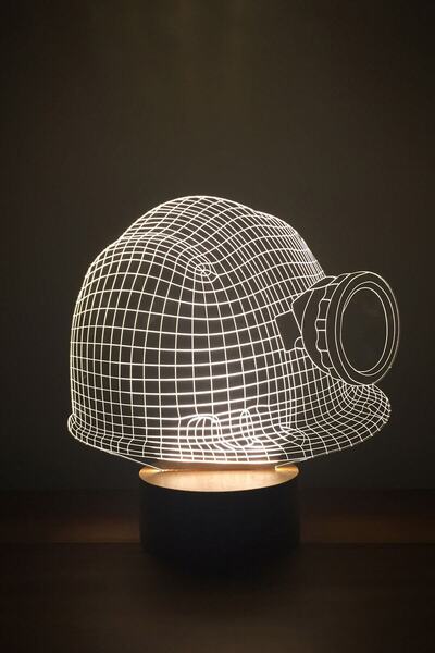 BY-LAMP Madenci Bareti Figürlü Led Masa Lambası | 7 Işık Rengi | Ahşap Taban