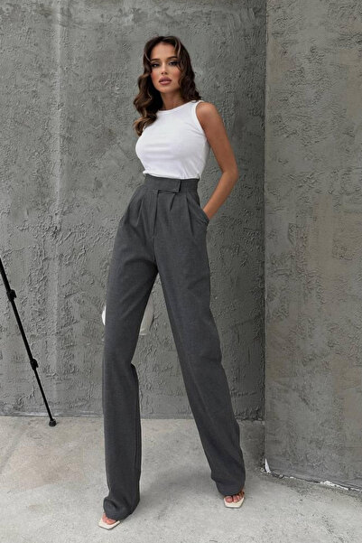 Bipantolon Women's Gray High Waist Velcro Detailed Flowy Palazzo Trousers
