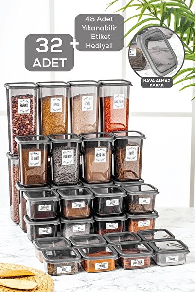 Meleni Home 32'li Etiketli Kapaklı Kare Erzak Saklama Kabı Seti 8x(0,3 LT-0,5...
