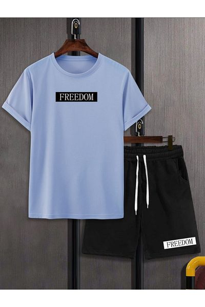 Sky Light Unisex Freedom Printed Baby Blue T-Shirt - Black Shorts Set