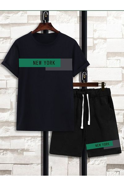 Sky Light Unisex New York Printed Black T-Shirt - Set with Black Shorts