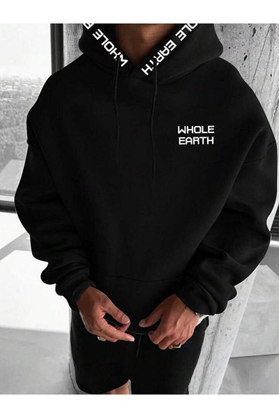 AMMA Unisex Μαύρο Whole Earth μπροστά και με κουκούλα με στάμπα μεγάλου μεγέθους Χειμερινό βαμβακερό φούτερ με κουκούλα