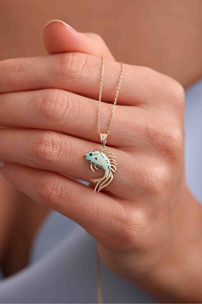 Gianfranco 14 Ayar Altın Şu Yeşili Turkuaz Mineli Balık Kolye Ucu