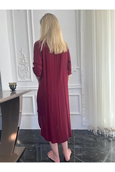 Bohemian Women's Burgundy Asymmetrical Shirt Dress