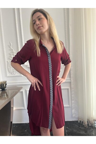 Bohemian Women's Burgundy Asymmetrical Shirt Dress