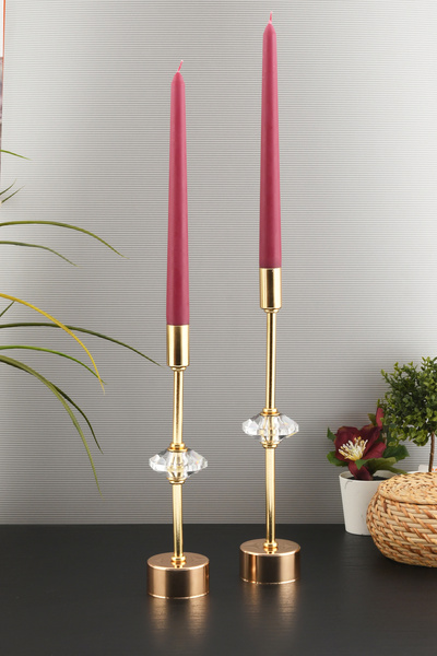 TR Turan Collection CONTES 2'li Lüks Şamdan Kristal Dekorlu Gold Kaplama Meta...