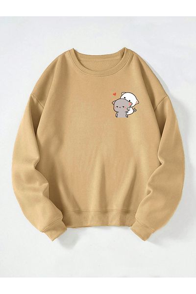 Ginevra Unisex Goma and Peach Printed Oversize Fleece Φούτερ - Crew Neck, χαλαρή εφαρμογή