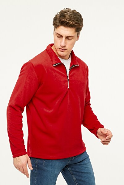 VEGA PORT Sweatshirt Kırmızı Polar Yarım Metal Fermuarlı Standart Fit Normal Kesim