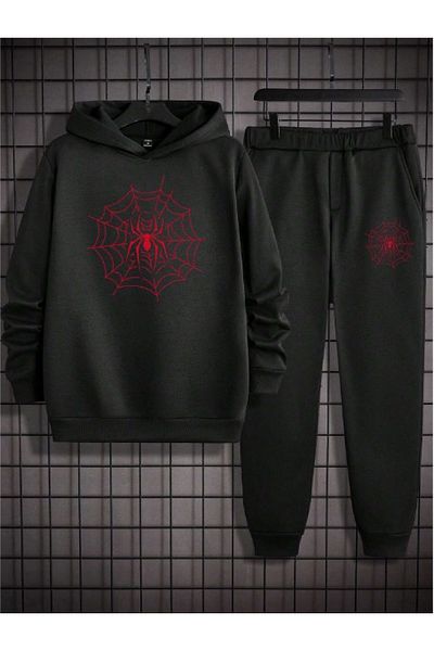donamod Men's Black Spiderman Kangaroo Pocket Hooded Tracksuit Set