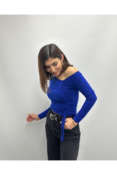 deqfashion Cobalt Blue Sandy Front Gathered Blouse
