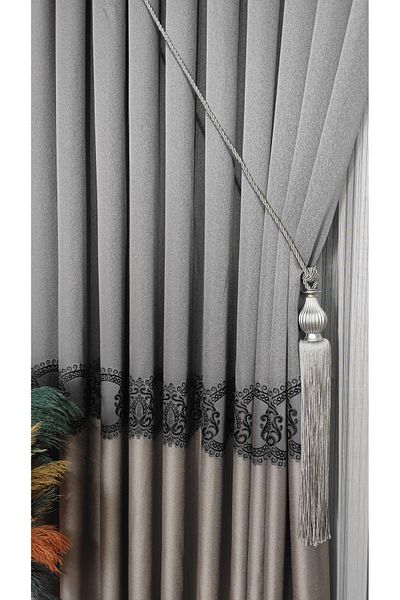 Yuka Panel Background Curtain Light Gray Mink and Black Striped Single Wing Close Pleated Jacquard Modern Patterned