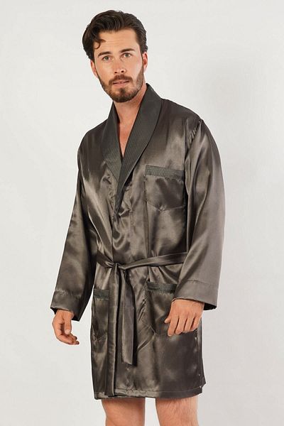 C&City Herren-Morgenmantel aus Satin, geräuchert