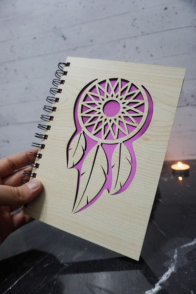 markcat Σημειωματάριο με μοτίβο Dreamcatcher με ξύλινο κάλυμμα - Agenda - Ημερολόγιο - Σημειωματάριο χωρίς γραμμή - Δώρο