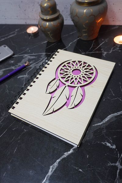 markcat Σημειωματάριο με μοτίβο Dreamcatcher με ξύλινο κάλυμμα - Agenda - Ημερολόγιο - Σημειωματάριο χωρίς γραμμή - Δώρο