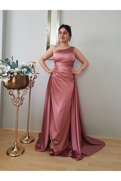 FERGAN Women's Powder Single Shoulder Satin Tailed Special Design Evening Dress