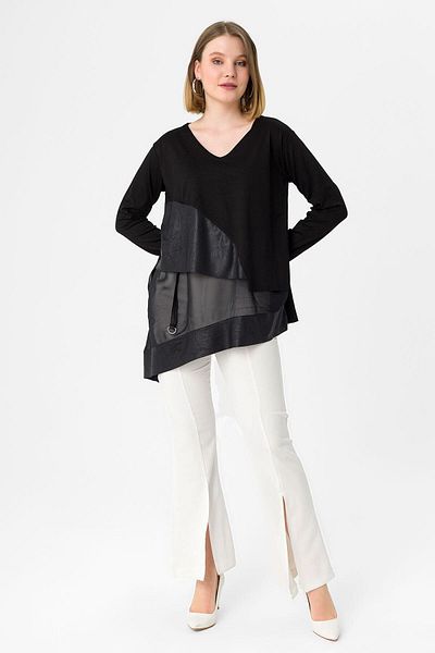 EtkiModa Women's Black Leather Garnished Skirt Asymmetrical V-Neck Tunic