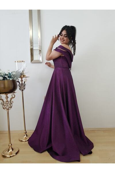 FERGAN Kadın Mor Kayık Şal Yaka Tasarım Abiye Elbise