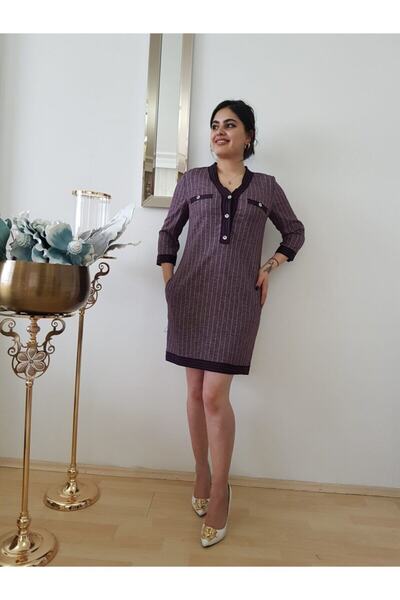 FERGAN Women's Burgundy Striped Shirt Dress