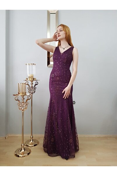 FERGAN فستان سهرة نسائي مطرز بأحجار البرقوق