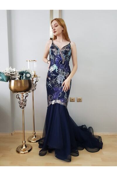FERGAN Women's Navy Blue Sequin Rope Strap Fish Design Evening Dress