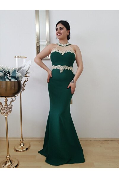 FERGAN Women's Green Halter Neck Fish Collar Evening Dress