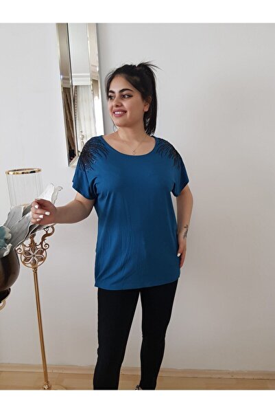 FERGAN Women's Petrol Green Combed Cotton Sequin Embroidered Plus Size Blouse