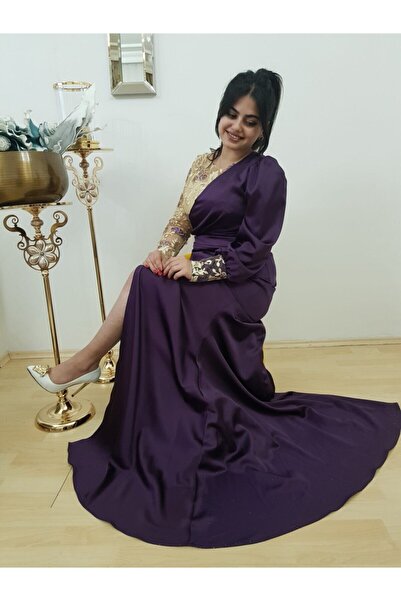 FERGAN Kadın Mor Drapeli Uzun Kol Saten Özel Tasarım Abiye Elbise