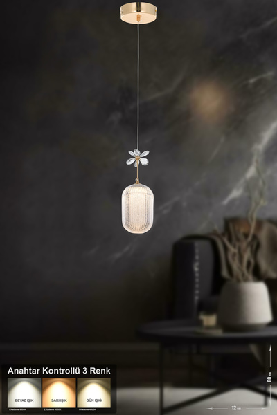 Avizemoda Motta Tekli Ledli Modern Lüks Sarkıt Avize (3 RENK LED; SARI - BEYA...