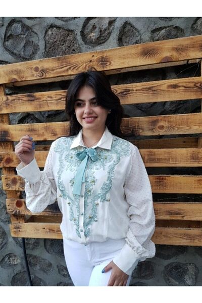 FERGAN Women's Ecru Patterned Studded Embroidered Blouse