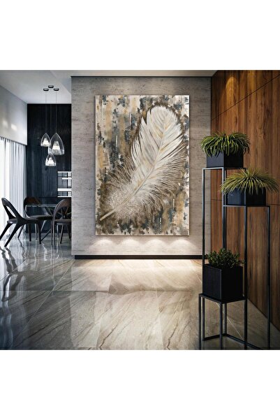 SML TABLO Dokusal Beyaz Kuş Tüyü Kahverengi Dekor Dikey Kanvas Tablo