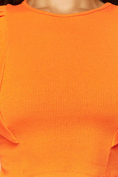 Trendyol Collection Orange Sleeves Frilly Ribbed Stretchy Crew Neck Crop Knitted Blouse TWOSS24BZ00370