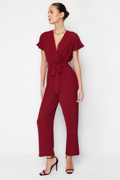 Trendyol Collection Claret Red Lacing Detailed Double Breasted Collar Pipe Leg Woven Jumpsuit TWOSS21TU0112