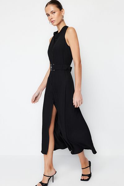 Trendyol Collection Schwarzes gewebtes Midi-Hemdkleid mit Gürtel TWOSS23EL01628